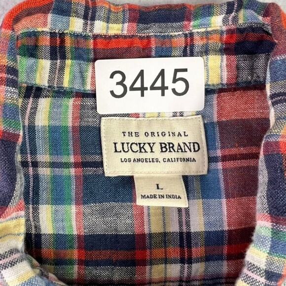 Lucky Brand Shirt Men's Size Large Red Blue Linen Plaid Short Sleeve Button Down - Picture 11 of 11